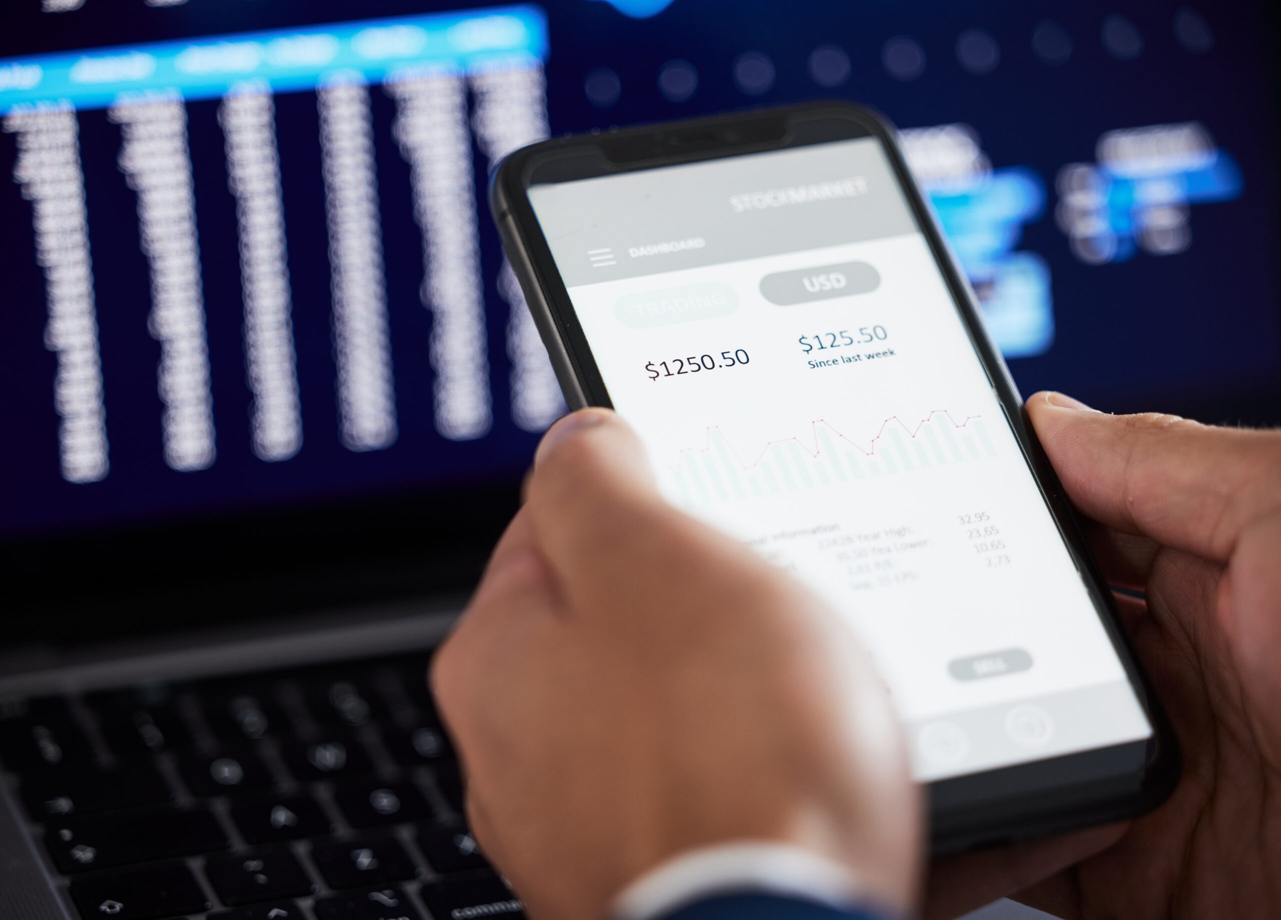 Hands, phone and man trading on stock market, fintech app or cryptocurrency savings. Closeup of fin.
