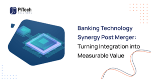 Diagram showing banking technology integration synergy after merger